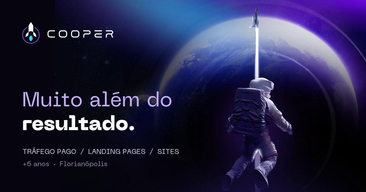 Página inicial do site da Cooper Media, com um astronauta subindo em direção à Terra